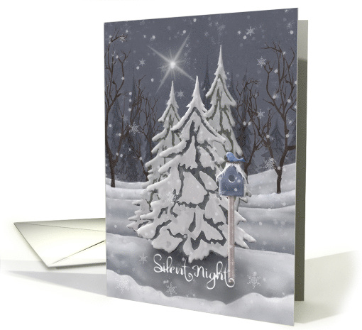 Silent Night, Monochromatic Night Snow Scene with Blue Bird, Star card