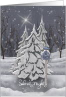 Silent Night, Monochromatic Night Snow Scene with Blue Bird, Star card
