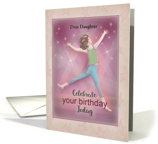 Celebrate your birthday Today with young woman jumping for joy card