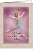 Celebrate your birthday Today with young woman jumping for joy card