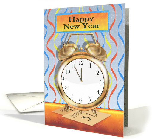 Happy New Year with Alarm Clock, Hands near Midnight, Calendar card
