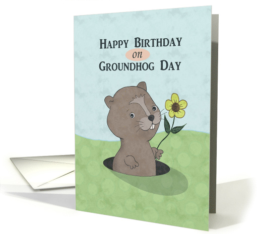 Cute Groundhog Holding Flower for Birthday, Groundhog Day card