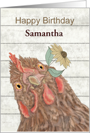 Custom Farm style Happy Birthday with Chicken Holding Yellow Daisy card
