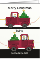 Merry Christmas Twin Toddler boys with Red Trucks, Blocks Tree,custom card