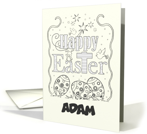 Custom Happy Easter Coloring Page with Eggs, Bunny, Doves card