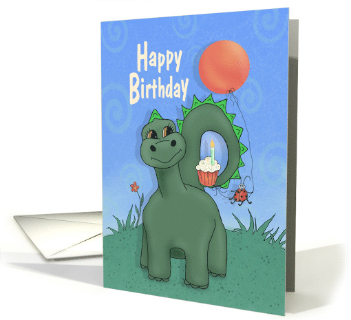 Dinosaur and Ladybug Holding Orange Balloon and Cupcake card (1526730)