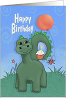 Dinosaur and Ladybug Holding Orange Balloon and Cupcake card