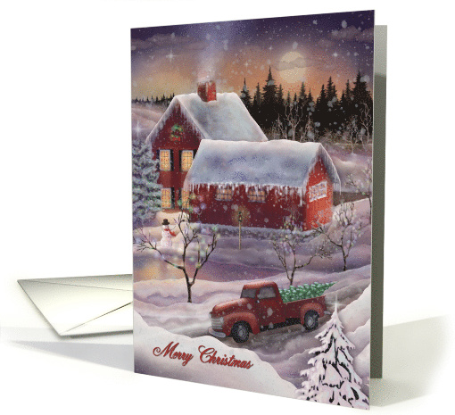 Merry Christmas with Red Truck, Red Farm House, Barn, Snowman card
