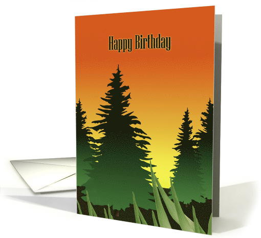 Happy Birthday with Sunset Behind Evergreen Trees card (1541188)