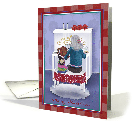 Merry Christmas Piano Teacher with Child, Teacher at Piano card