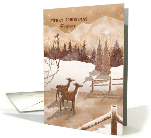Merry Christmas Husband with Twin Deer Christmas Tree, Star card