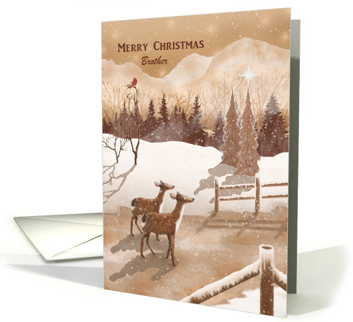 Merry Christmas Brother with Twin Deer Christmas Tree, Star card