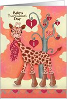 Baby’s First Valentine’s Day with Giraffe, Coral, Pink Background card