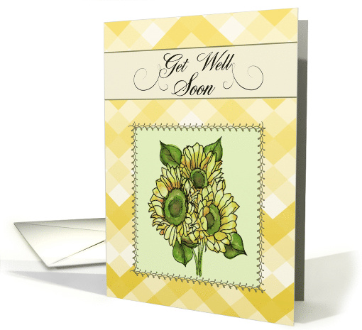 Get Well Soon with Sunflowers Bouquet, Yellow Gingham Stripes card