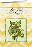 Get Well Soon with Sunflowers Bouquet, Yellow Gingham Stripes card