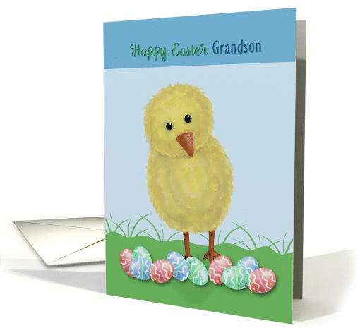 Happy Easter Grandson with Yellow Chick behind Easter Eggs card