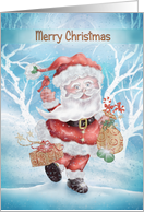 Merry Christmas Santa with Gift Bag and Box and Cardinal in Falling Snow card