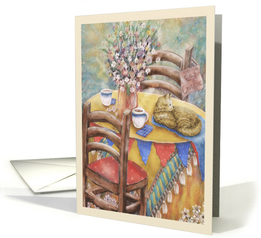 Blank Artwork with Outside Table, Chairs, Cat, Bouquet, Colorful card