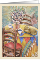 Blank Artwork with Outside Table, Chairs, Cat, Bouquet, Colorful card