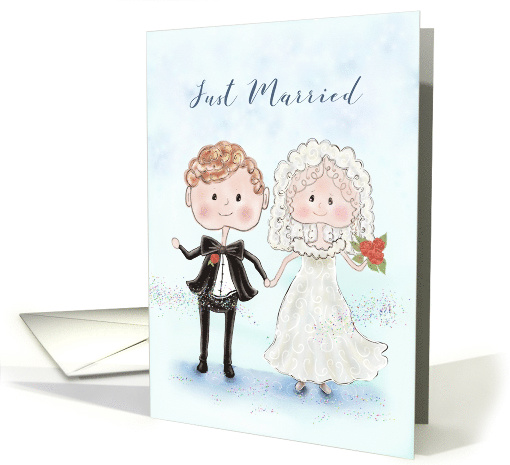 Just Married Bride and Groom,Cute, Whimsical, Watercolor card