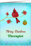 Merry Christmas Therapist with Red Cardinal, Gold Branch, Bulb card