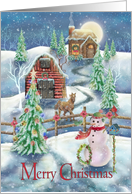 Merry Christmas with Cottage, Barn, Horse, Snowman Winter Scene card
