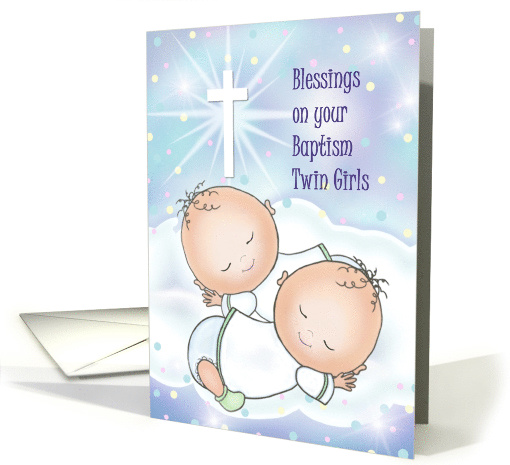 Blessings On Your Baptism Twin Girls, Two Babies on Cloud, Cross card