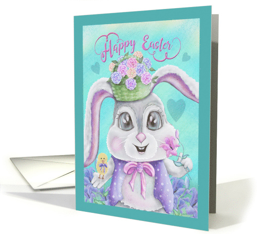 Happy Easter Soft Watercolor Bunny, Chick, Flowers card (1601348)