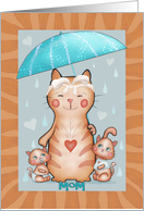 Mom, Happy Mother’s Day Cute Mom Cat with Two Kittens under Umbrella card