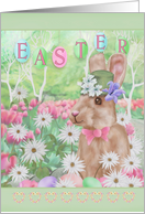 Easter Bunny with Top Hat Surrounded by Flowers, Eggs card