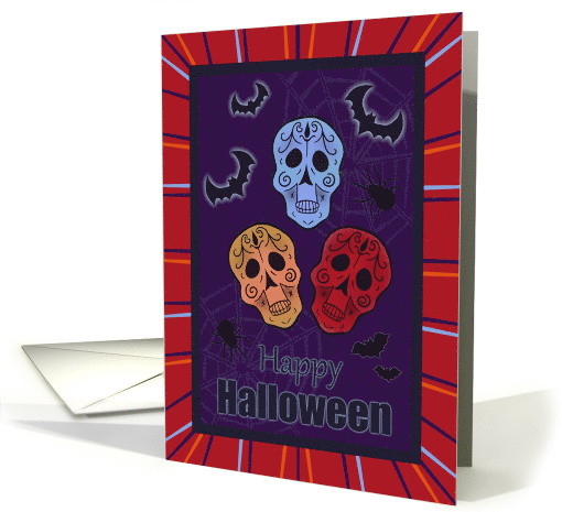 Happy Halloween with Skulls, Bats, Spiders with Colorful Border card