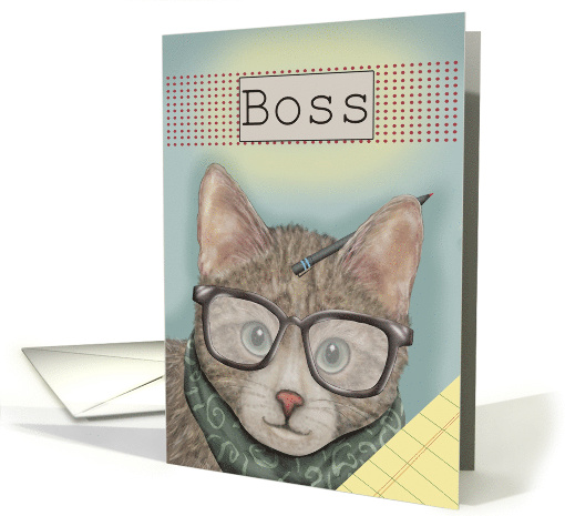 Bosses Day Cat Eyeglasses Pen Behind Ear Note Paper card (1645608)