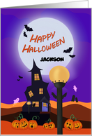 Custom Name Happy Halloween with Haunted House Lamp Post Bats Pumpkins card