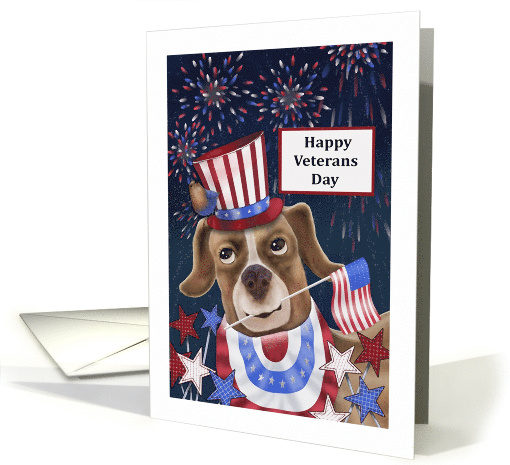 Happy Veterans Day with Dog in Patriotic Attire Holding Flag card