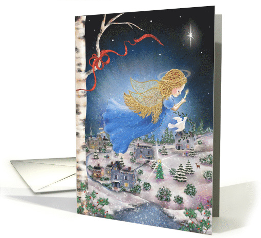 Angel Christmas Flying over Small Village with Dove card (1655420)