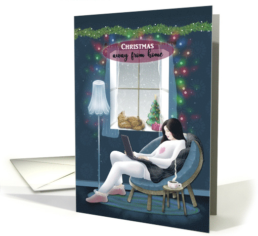 Christmas Away From Home Daughter with Window, Snow, Cat, Tree card