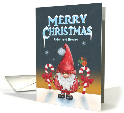 Custom Name Merry Christmas with Gnome Candy Canes Bird Snow card