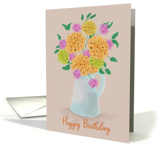 Watercolor Painted Flowers In Pouring Jug Happy Birthday card