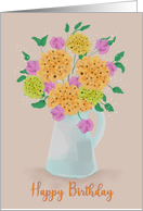 Watercolor Painted Flowers In Pouring Jug Happy Birthday card