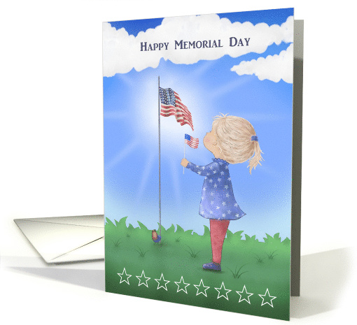 Happy Memorial Day with Little Girl Holding Looking at Flag card