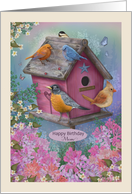 Happy Birthday Mom with Birds Birdhouse Flowers card