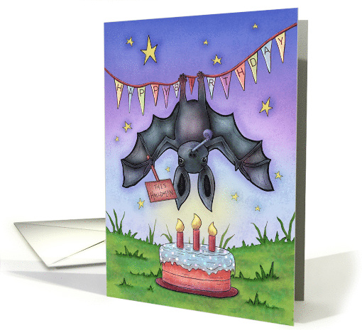 Happy Birthday on Halloween with Hanging Bat Layered Cake Candles card