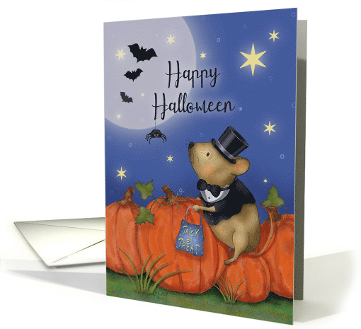 Happy Halloween with Mouse in Costume Pumpkins Spider Bats Stars card