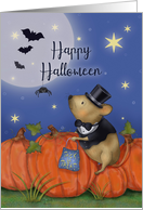 Happy Halloween with Mouse in Costume Pumpkins Spider Bats Stars card