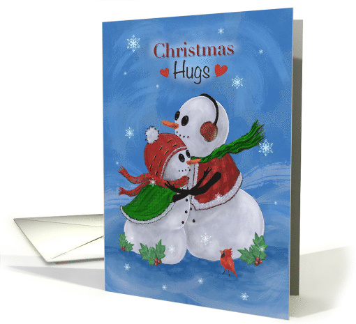 Christmas Hugs with Two Snowpeople Hugging Cardinal Holly card