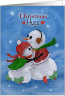 Christmas Hugs with Two Snowpeople Hugging Cardinal Holly card