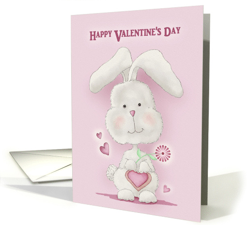 Happy Valentine's Day with Cute Bunny Holding Heart Flower card
