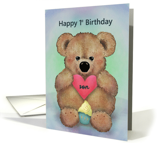 Happy First Birthday Son Teddy Bear with Heart Cupcake card (1728520)