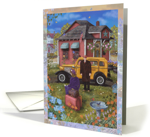 Announcement Coming Home with Retro Artwork Woman Taxi card (1740544)