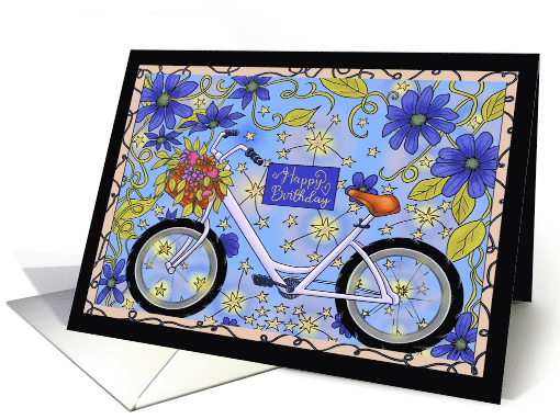 Happy Birthday with Bike Basket of Flowers Surrounded by Flowers card